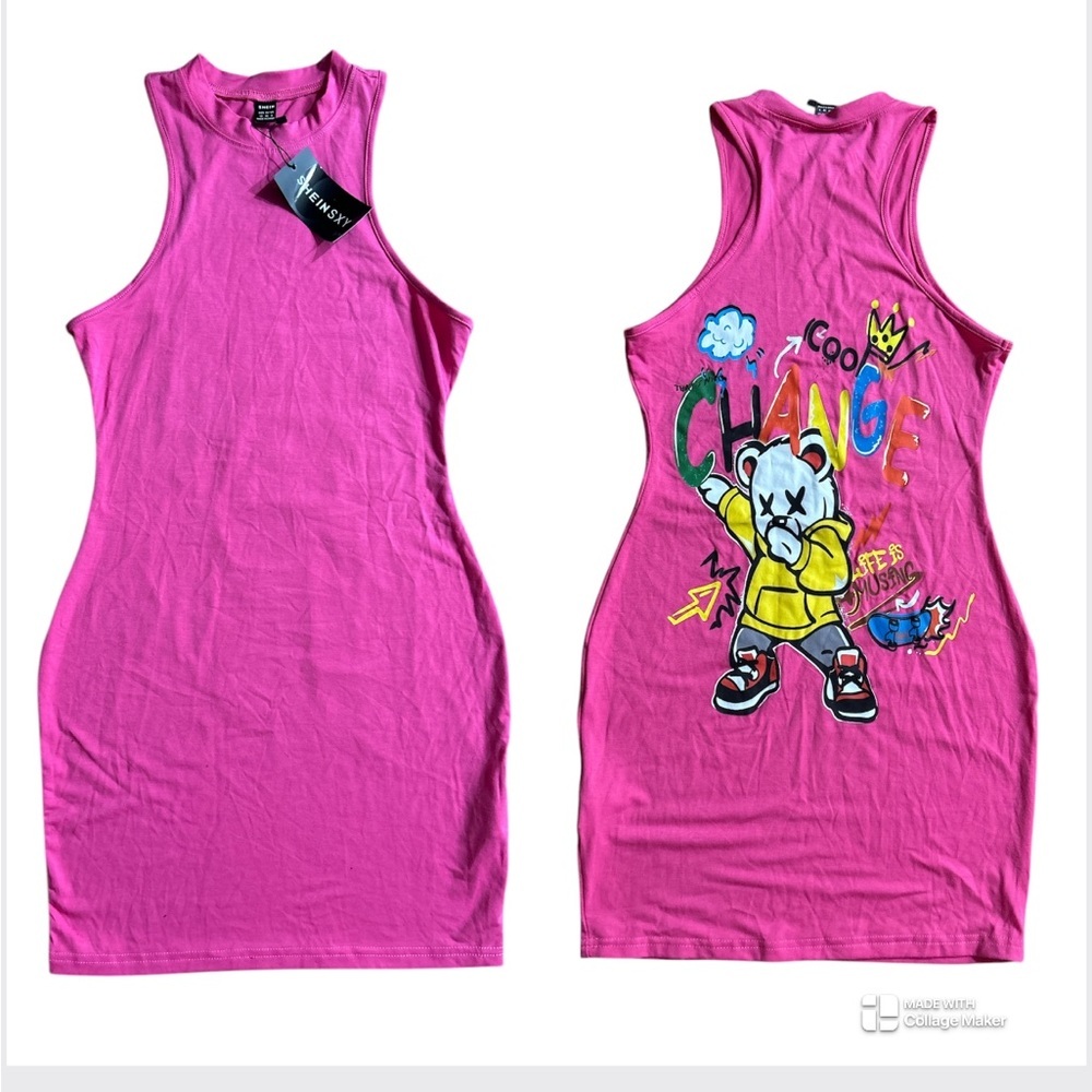 Pink Teddy Bear Graffiti Cool Change Bodycon Dress NWT